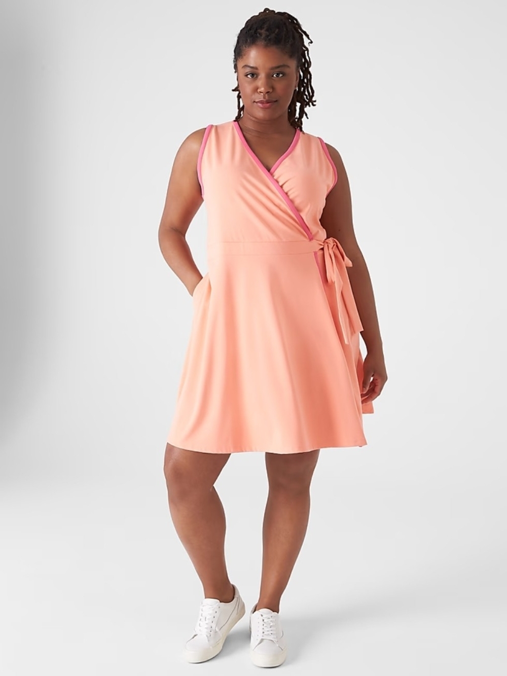 Livi Active Coral Wrap Dress with Pink Trim - Picture 1 of 5